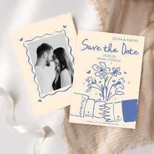 Reserva La Fecha Boda floral azul caprichosa dibujada a mano