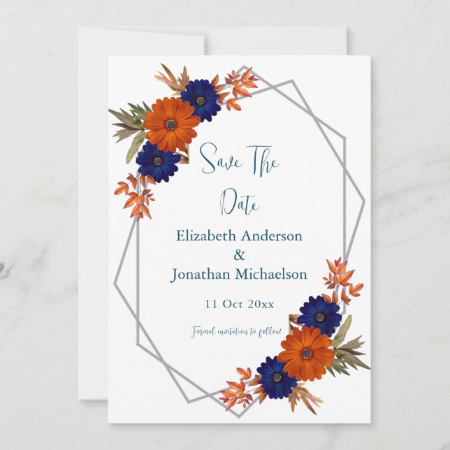 Reserva La Fecha Boda floral azul de la Marina Naranja de otoño rus (Anverso)