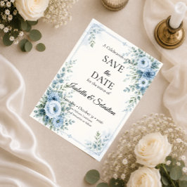 Reserva La Fecha Boda floral azul elegante