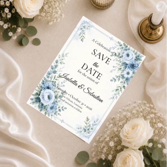 Reserva La Fecha Boda floral azul elegante (Subido por el creador)