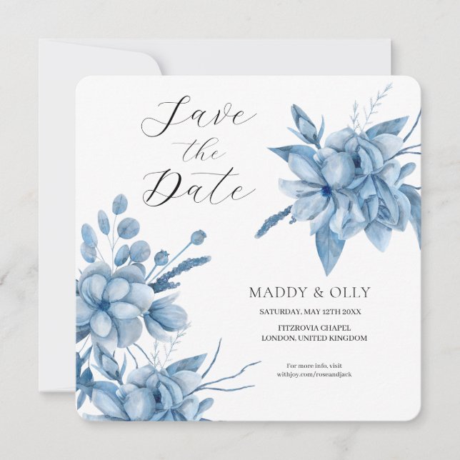 Reserva La Fecha Boda Floral azul gris helado (Anverso)