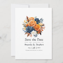 Reserva La Fecha Boda floral azul marino y naranja