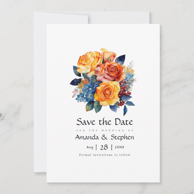 Reserva La Fecha Boda floral azul, Naranja, amarillo y rojo (Anverso)