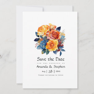Reserva La Fecha Boda floral azul, Naranja, amarillo y rojo