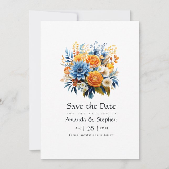 Reserva La Fecha Boda floral azul, Naranja y amarillo (Anverso)