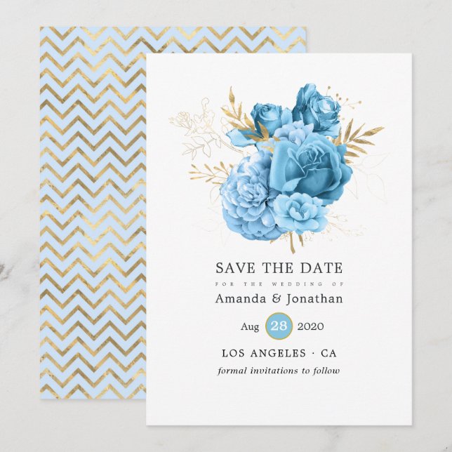 Reserva La Fecha Boda floral azul pastel y dorado (Anverso / Reverso)