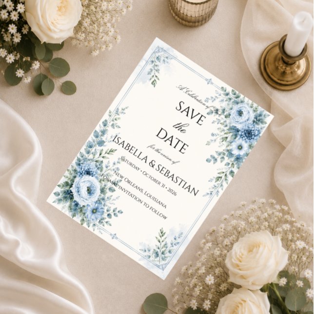 Reserva La Fecha Boda floral azul polvoriento (Subido por el creador)