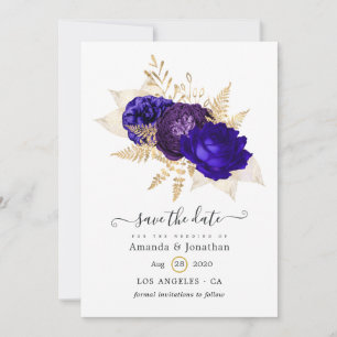 Reserva La Fecha Boda floral azul real, púrpura y dorado
