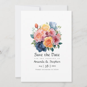 Reserva La Fecha Boda floral azul, rosa, naranja y verde