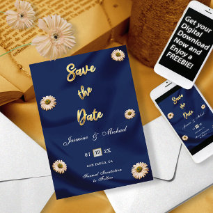 Reserva La Fecha Boda floral beige de marfil de oro azul marino