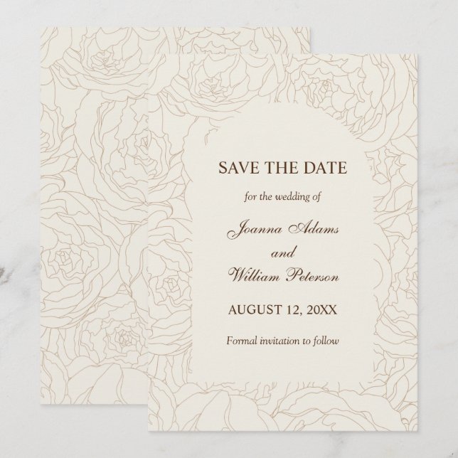 Reserva La Fecha Boda floral beige marrón moderno y elegante (Anverso / Reverso)