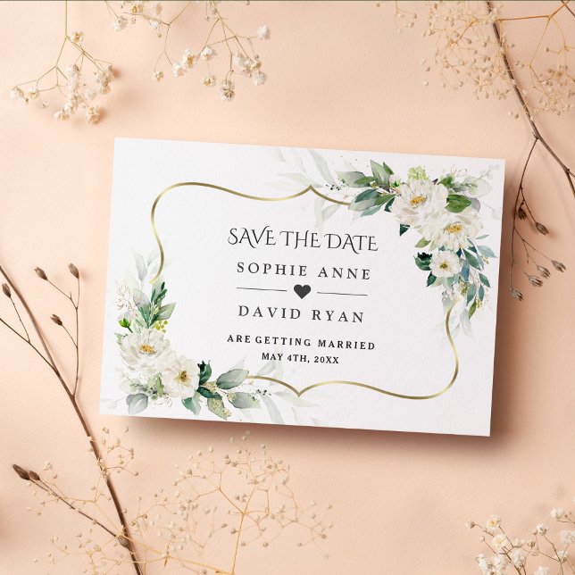 Reserva La Fecha Boda floral blanca de greenery aireada acuarela (elegant trendy modern white flowers gold save the date invitation)