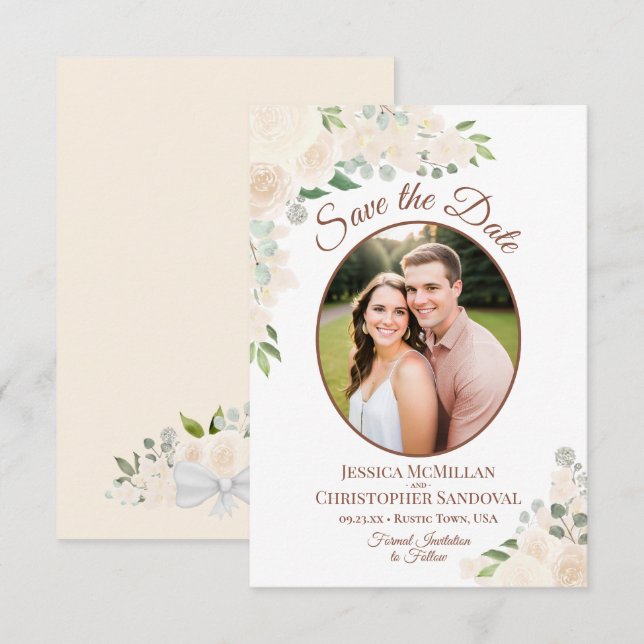 Reserva La Fecha Boda Floral Bohemio Oval de Champagne Melocotón Fo (Anverso / Reverso)