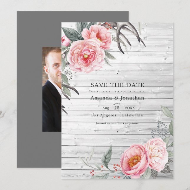 Reserva La Fecha Boda floral bohemio rústico rosa y gris (Anverso / Reverso)