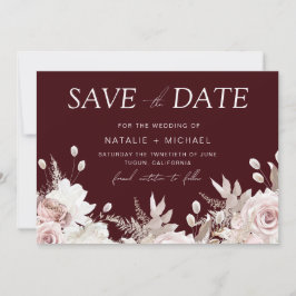 Reserva La Fecha Boda floral boho con rubor de Borgoña profundo