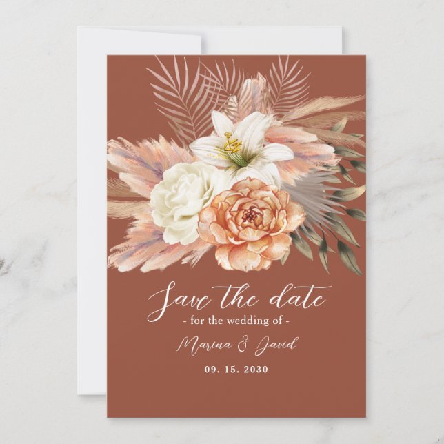 Reserva La Fecha Boda Floral Boho Rústica Terracota (Anverso)