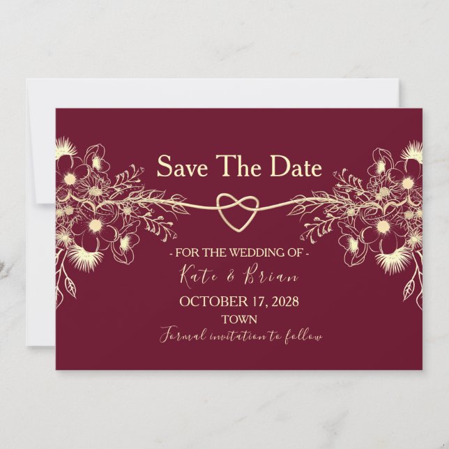 Reserva La Fecha Boda Floral Borgoña Dorado Save The Date (Anverso)