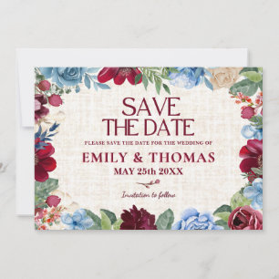 Reserva La Fecha Boda floral, Borgoña y Marina romántica y foto