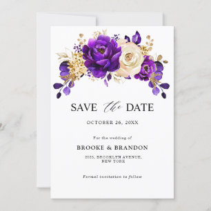 Reserva La Fecha Boda floral botánica real violeta dorado