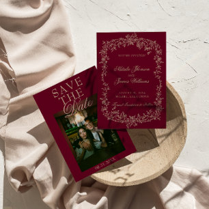 Reserva La Fecha Boda Floral Burgundy Beige Dinero Antiguo Foto