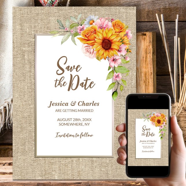 Reserva La Fecha Boda Floral Burlap de Sunflower (Subido por el creador)