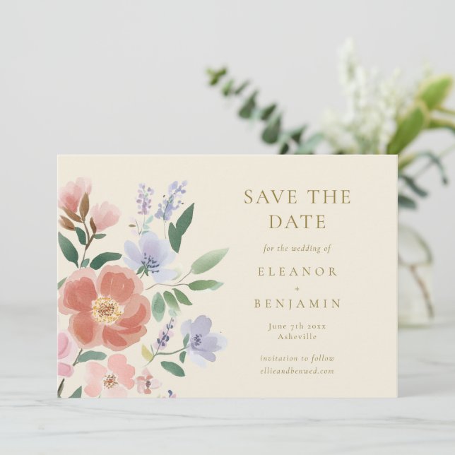 Reserva La Fecha Boda floral chic de acuarela rosa lavanda (Anverso de pie)