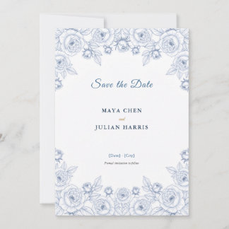 Reserva La Fecha Boda floral chinoiserie azul y blanco elegante