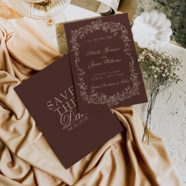 Reserva La Fecha Boda Floral Chocolate Marrón Botánico Dinero Antig