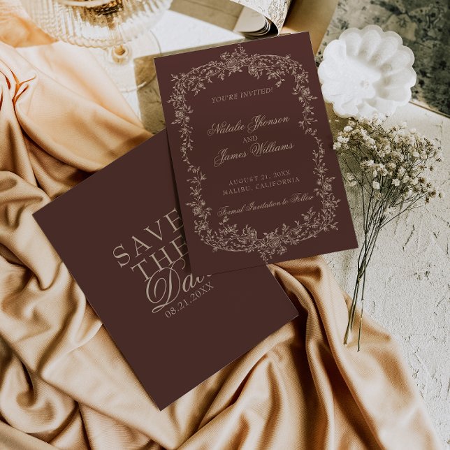 Reserva La Fecha Boda Floral Chocolate Marrón Botánico Dinero Antig (Subido por el creador)