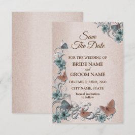 Reserva La Fecha Boda Floral Cobre Mariposa Plateada Verdeacuática