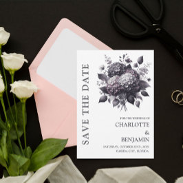 Reserva La Fecha Boda floral con hortensias de tema gótico