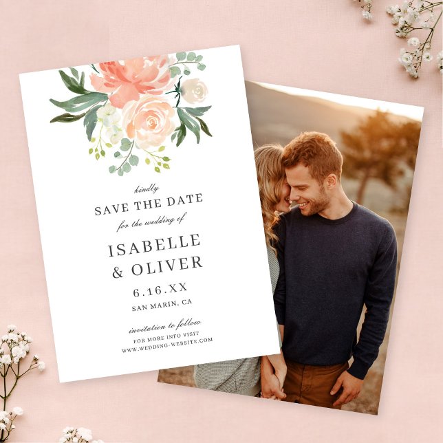 Reserva La Fecha Boda floral de acuarela de melocotón suave (Subido por el creador)