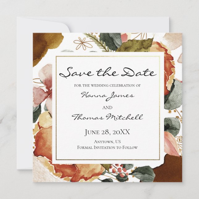 Reserva La Fecha Boda floral de acuarela de otoño (Anverso)