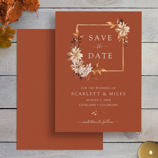 Reserva La Fecha Boda floral de acuarela de otoño de cobre (Elegant Copper Fall Watercolor Floral Wedding Save The Date by Painted Paperie
)