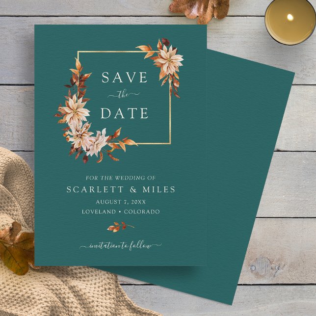 Reserva La Fecha Boda floral de acuarela de otoño teal (Teal Fall Watercolor Floral Wedding Save The Date Announcement by Painted Paperie
)