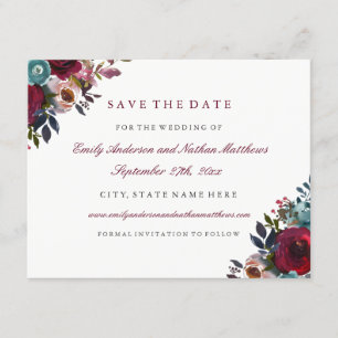 Reserva La Fecha Boda floral de acuarela en burgundy, guarde la fec