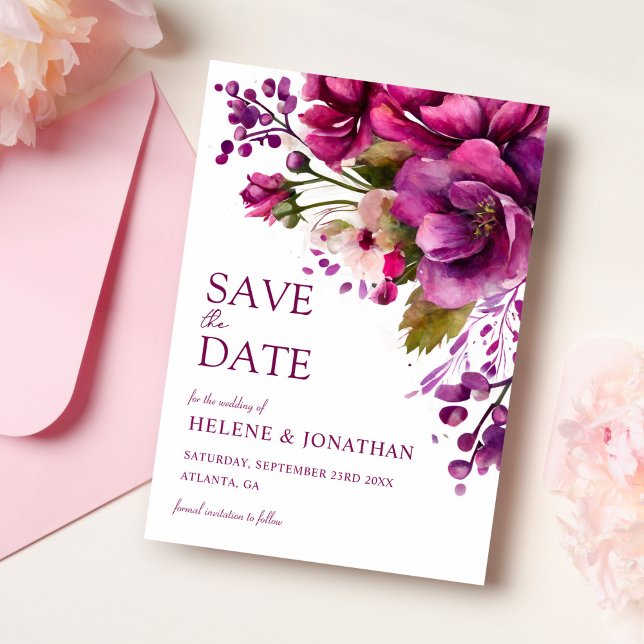 Reserva La Fecha Boda floral de acuarela rosada moderna (Modern Pink Watercolor Floral Wedding Save The Date)