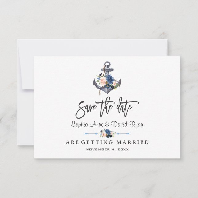 Reserva La Fecha Boda floral de ancla rosa náutico (Anverso)