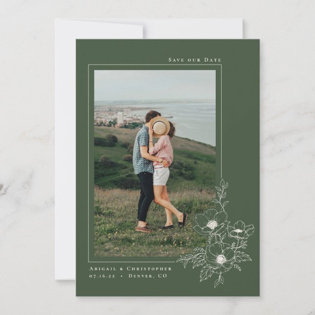 Reserva La Fecha Boda floral de anémona verde oliva mínima (Anverso)