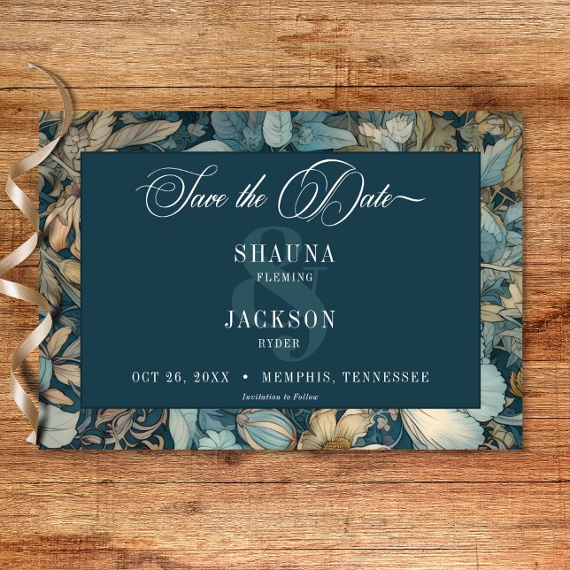 Reserva La Fecha Boda floral de Art Nouveau Verde azulado William M (Art Nouveau Teal William Morris Floral Wedding Save The Date)