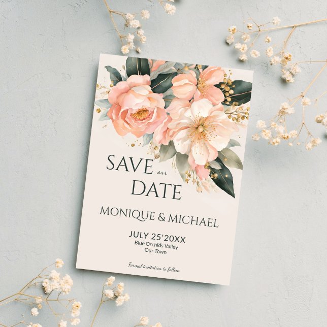 Reserva La Fecha Boda floral de Boho peach earthy (Boho peach earthy floral wedding save the date card template instant digital download)