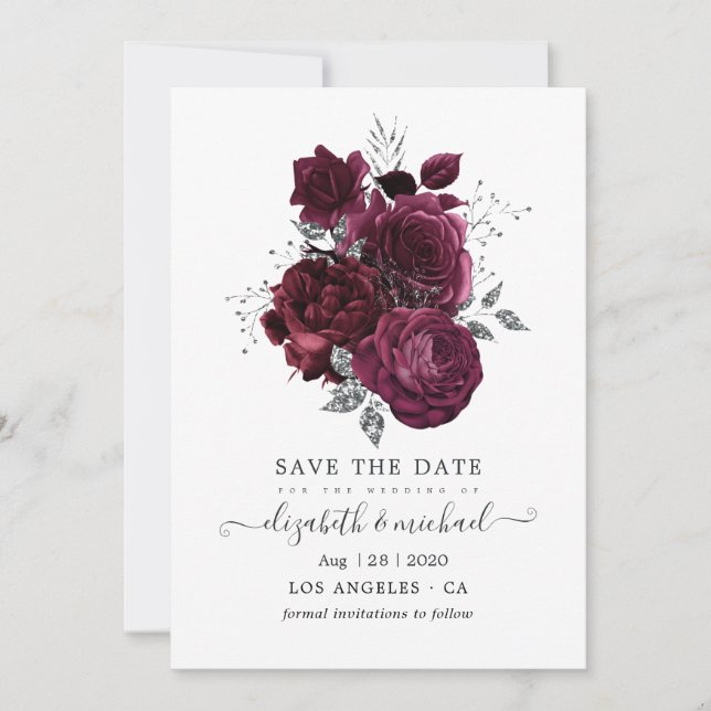 Reserva La Fecha Boda floral de Borgoña y plata (Anverso)