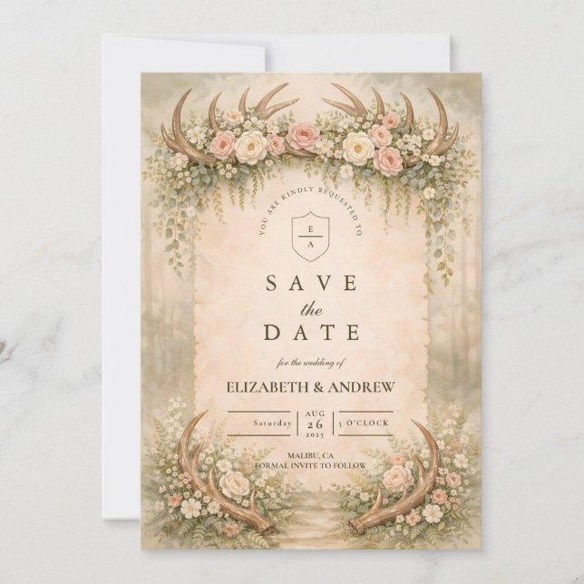 Reserva La Fecha Boda Floral de Bosque con Cuerno de Ciervo (Anverso)