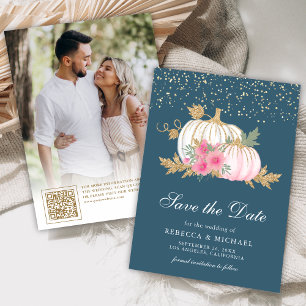 Reserva La Fecha Boda Floral de Calabaza Blanca Azul Polvorienta Fo