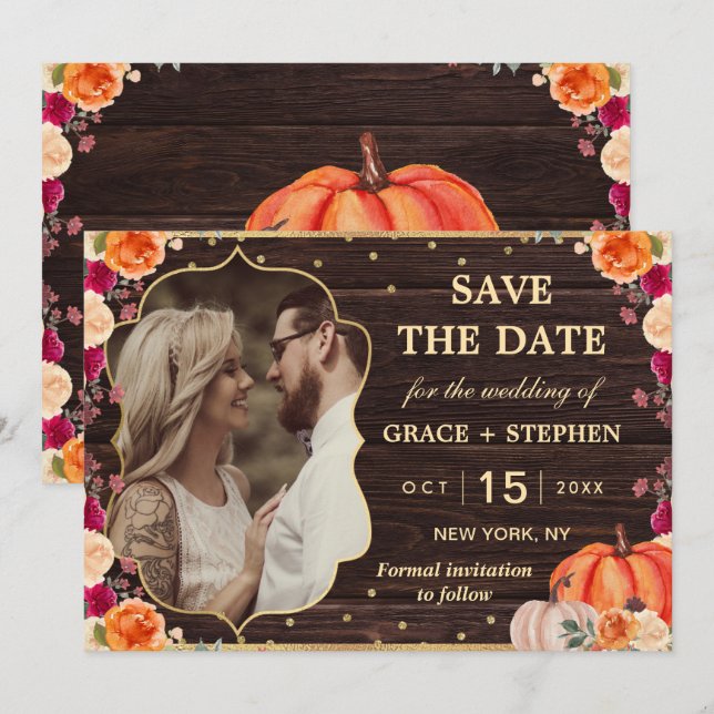 Reserva La Fecha Boda floral de calabaza de otoño rústico, guarde l (Anverso / Reverso)
