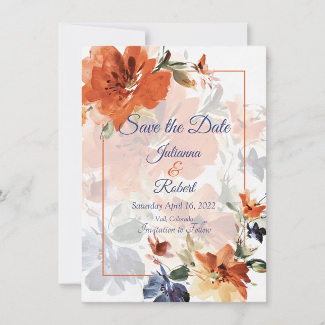 Reserva La Fecha boda floral de cascada azul y naranja (Anverso)