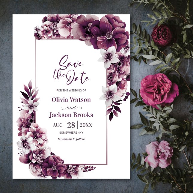 Reserva La Fecha Boda floral de ciruela rosa salva la fecha (Subido por el creador)