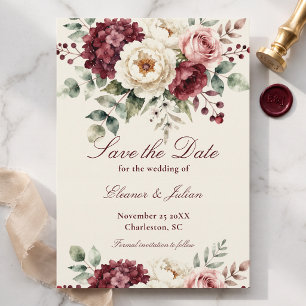 Reserva La Fecha Boda floral de color rosa burgundy acuarela