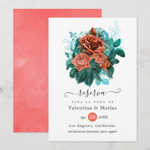 Reserva La Fecha Boda floral de coral y turquesa español