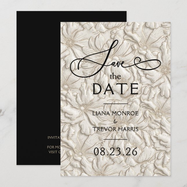 Reserva La Fecha Boda floral de crema estampada en relieve falso (Anverso / Reverso)